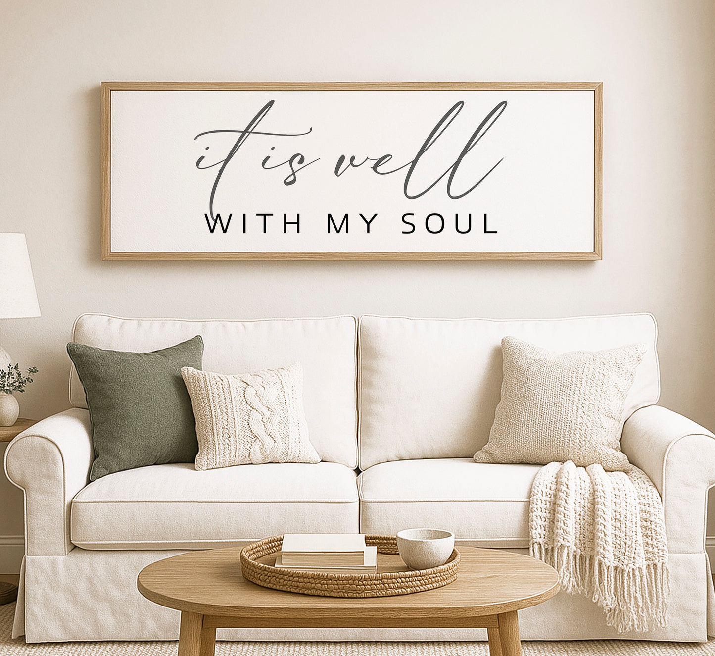 a living room with a white couch and a coffee table