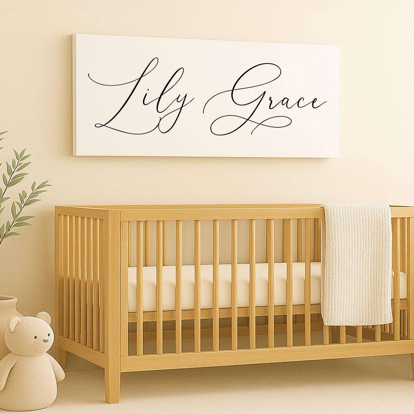 a baby crib with a teddy bear next to it