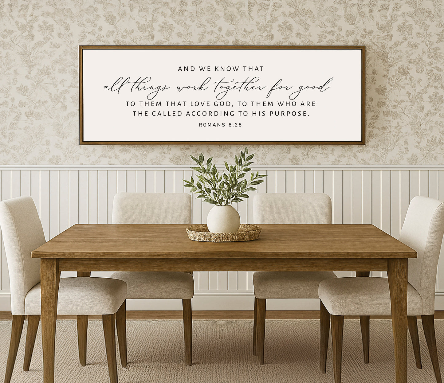 a dining room table with a vase of flowers on it