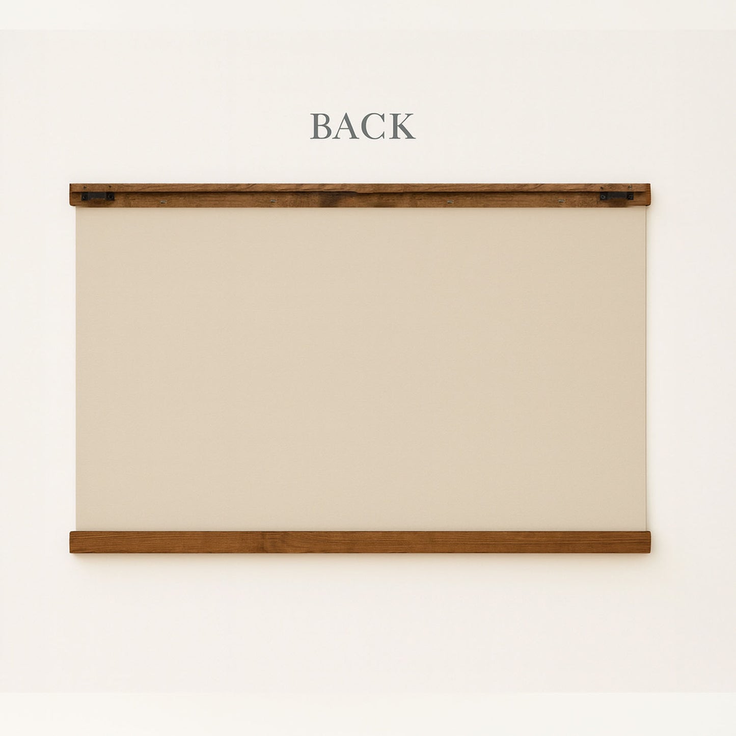 a blank canvas or board mounted on a wall, with the word "BACK" written above it.