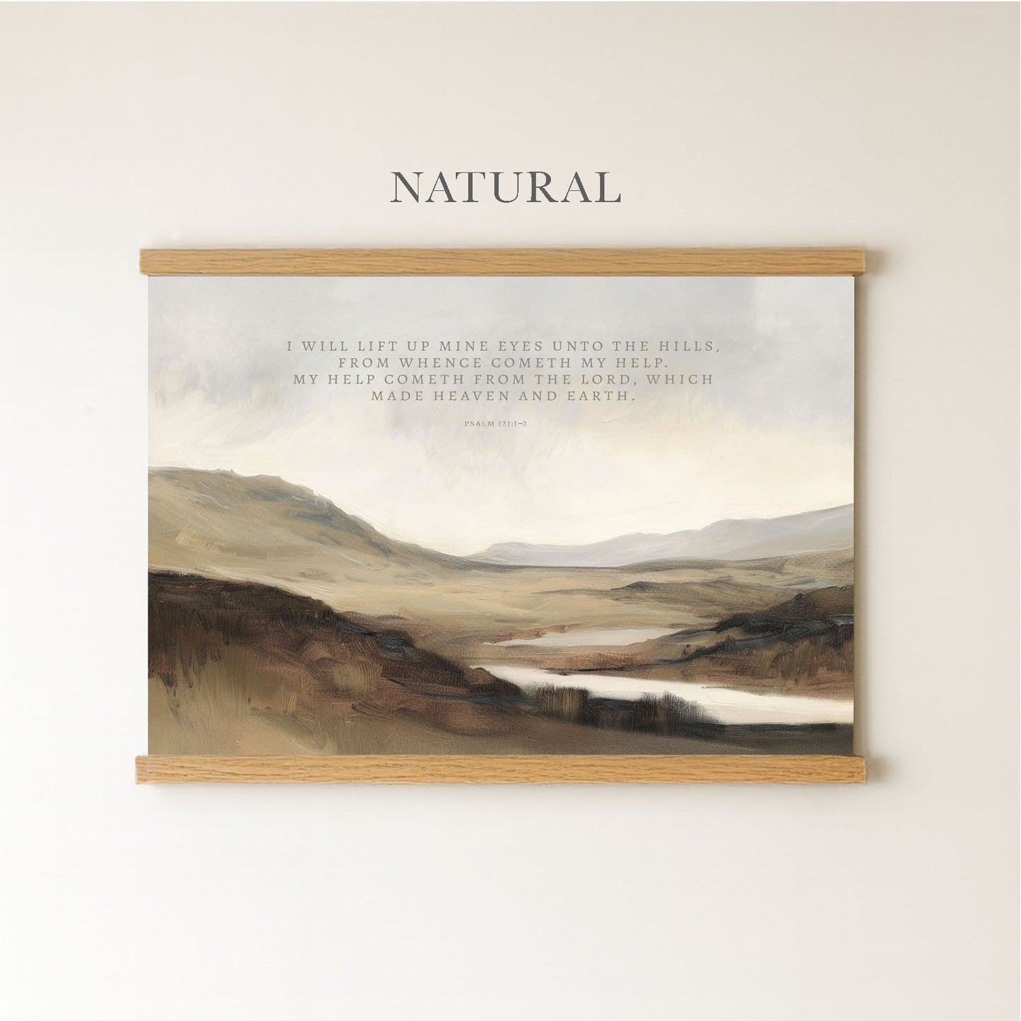 The image is a framed painting depicting a serene landscape with mountains, a river, and a cloudy sky.