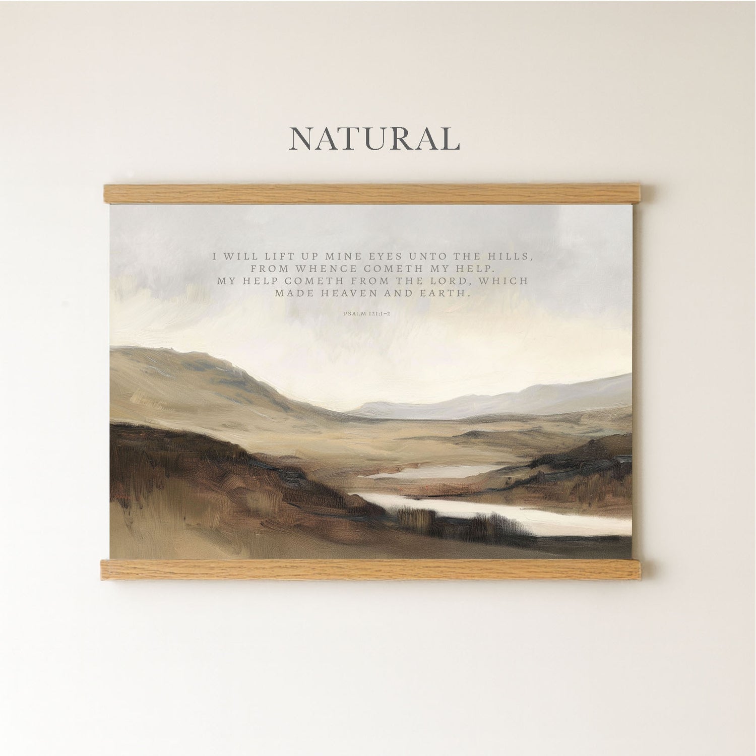 The image is a framed painting depicting a serene landscape with mountains, a river, and a cloudy sky.