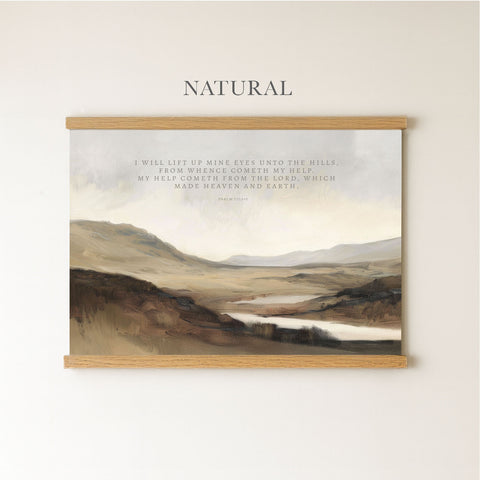 The image is a framed painting depicting a serene landscape with mountains, a river, and a cloudy sky.