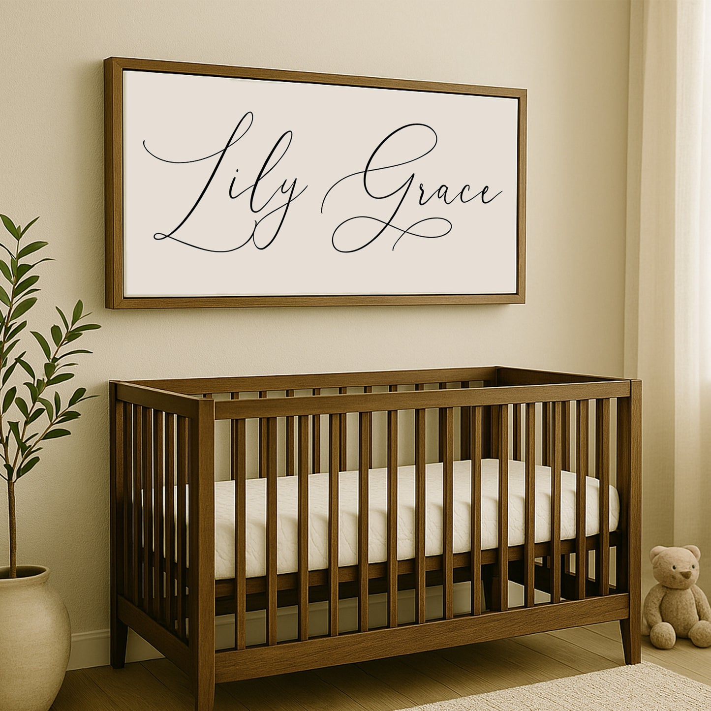 a baby crib with a teddy bear next to it