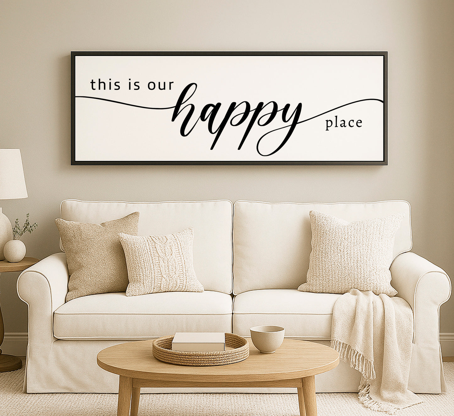 a living room with a white couch and a coffee table