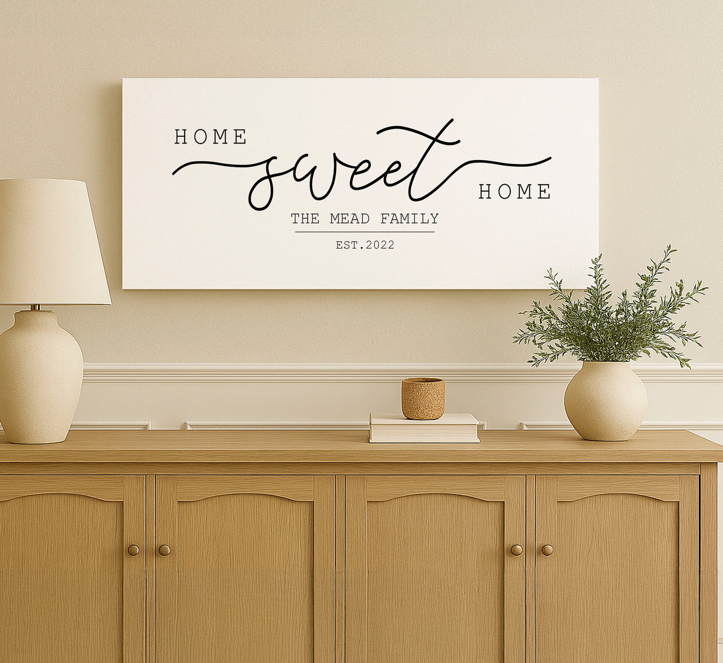a picture of a living room with a sign on the wall