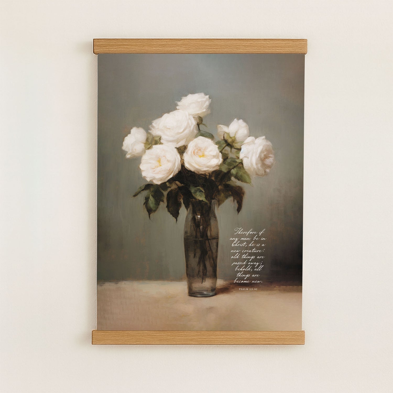 The image is a painting of a vase filled with white roses, displayed on a wall.