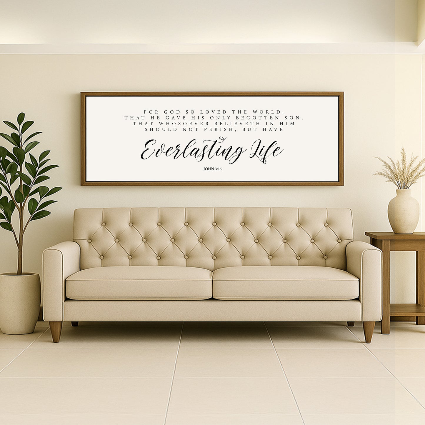 a living room with a couch and potted plant