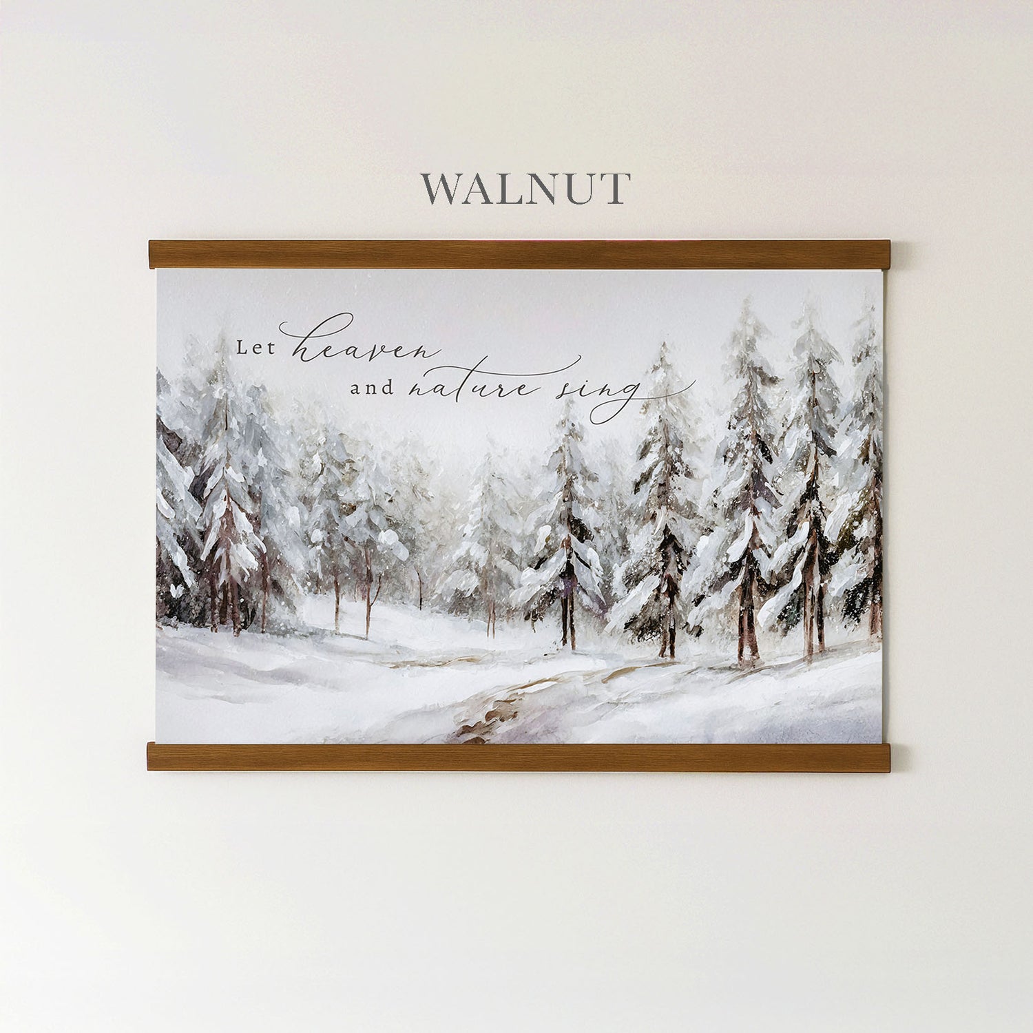 A framed painting of a snowy forest with pine trees and a path through the snow.