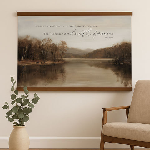 a serene landscape with a lake and trees, accompanied by a quote from the Bible verse Psalm 14:1 that reads,