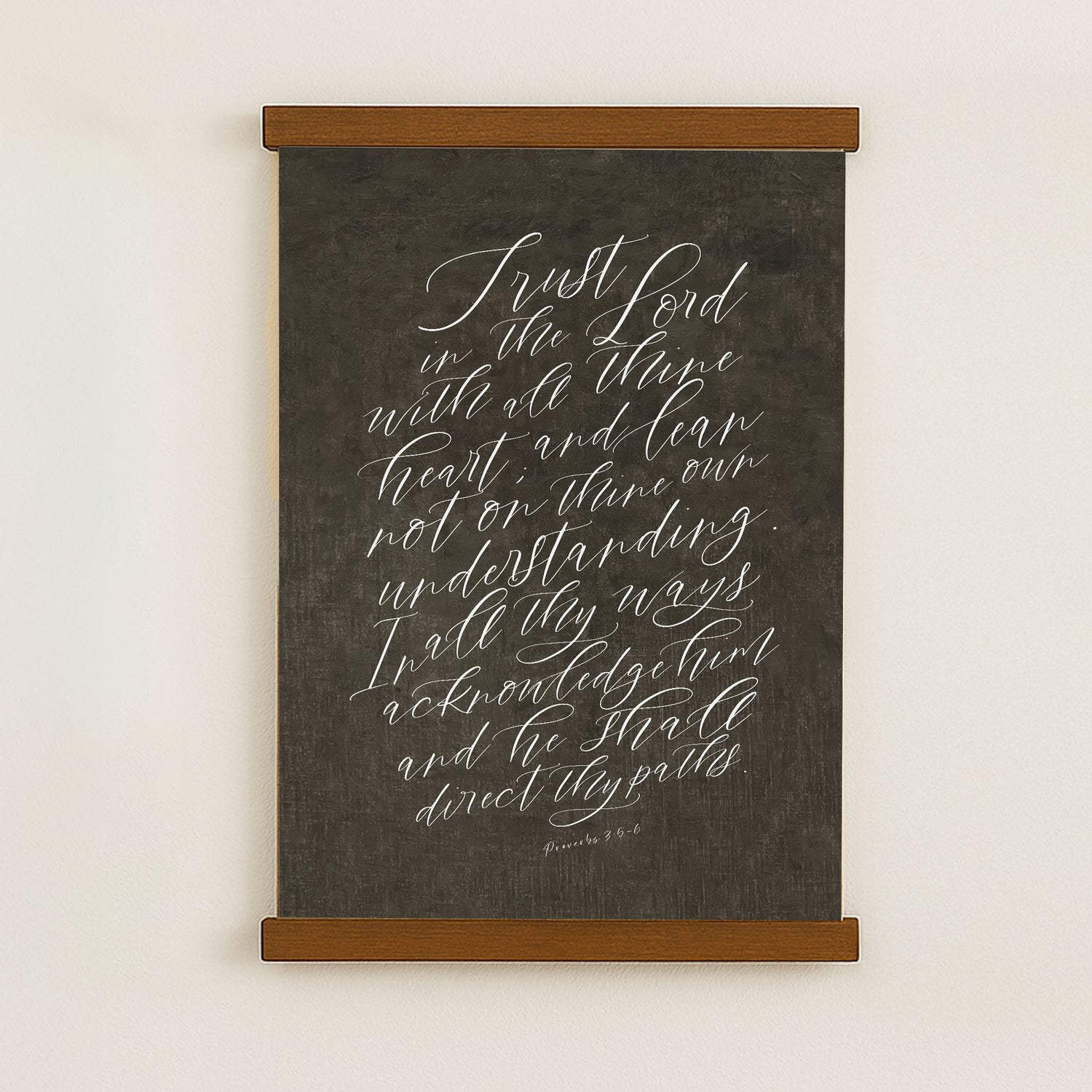 The image is a blackboard with white handwritten text that reads "I trust Lord in the Lord with all thine heart and lean heart, and they will not depart from understanding. In all my ways, I know the Lord and the Plans directeth"