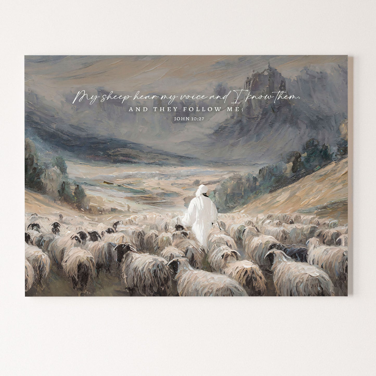 a shepherd walking through a flock of sheep in a mountainous landscape, with a castle visible in the distance.