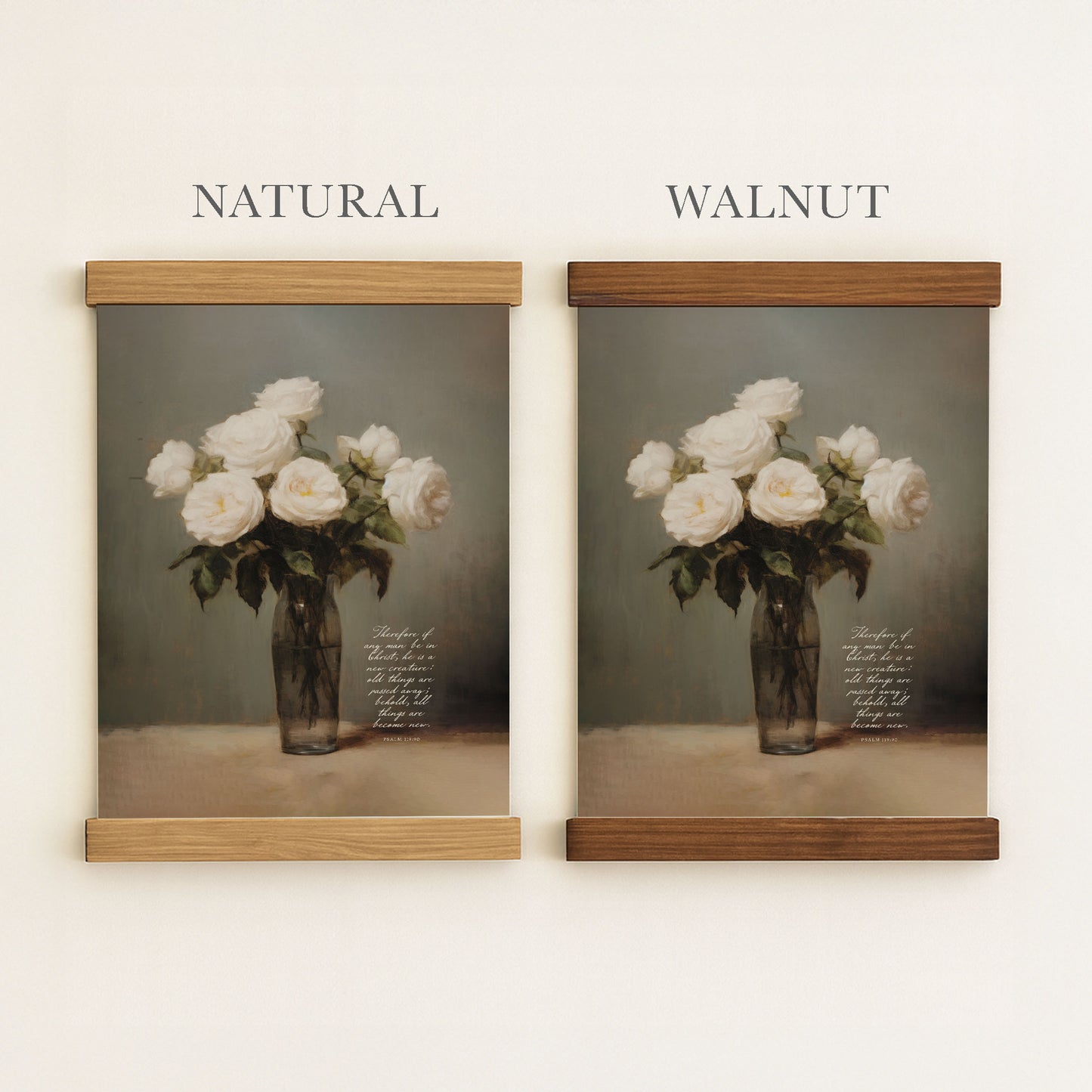 two framed paintings of white roses in a vase, with the text "NATURAL" and "WALNUT" above and below the paintings, respectively.