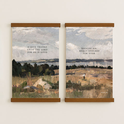 The image is a collage of two paintings hanging on a wall. The paintings depict a serene landscape with a person walking through the field. The text on the paintings reads