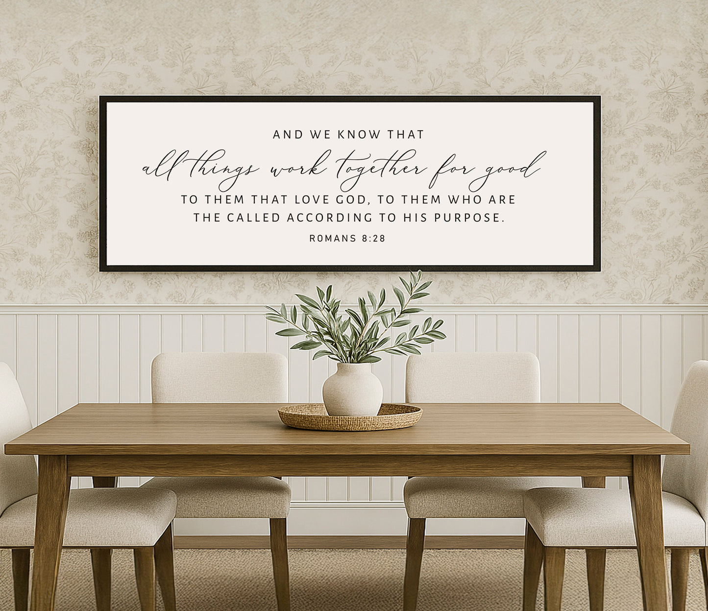 a dining room table with a vase of flowers on it
