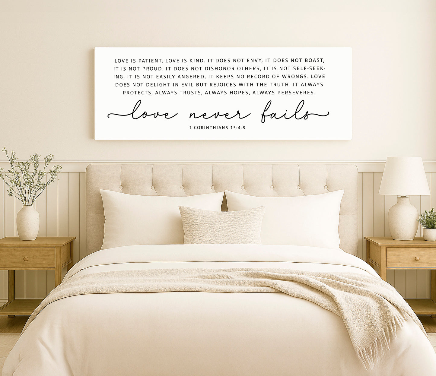 a bed with a white comforter and pillows