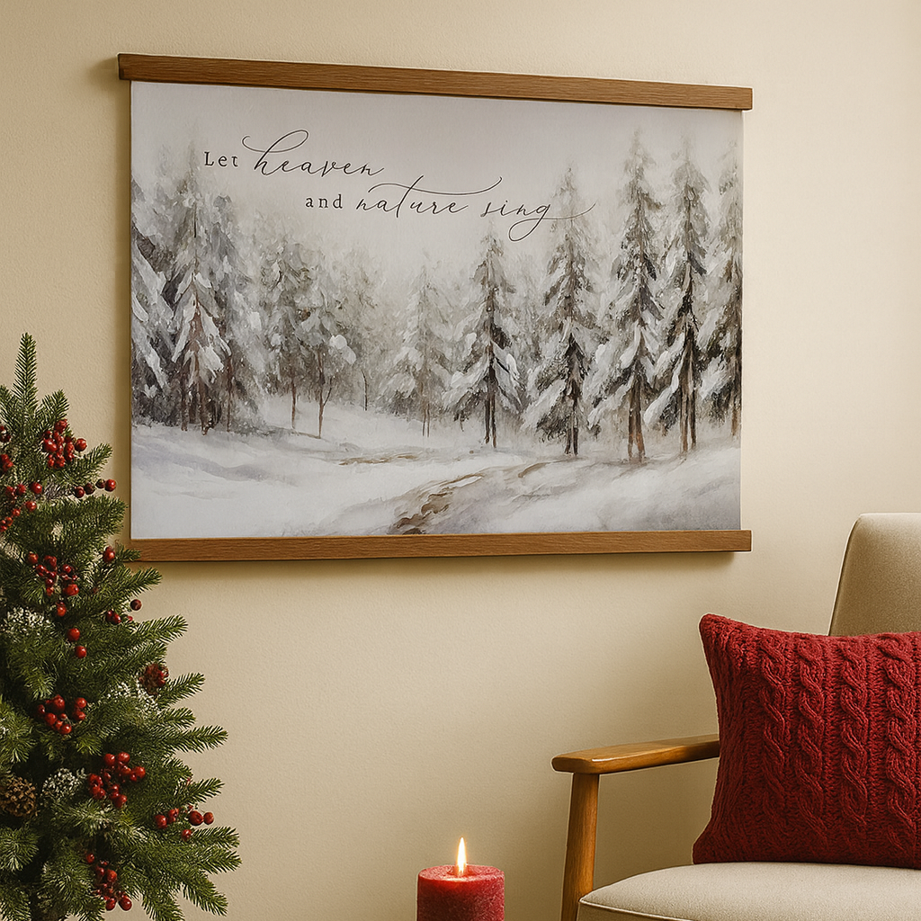 a cozy living room with a Christmas tree, a red pillow, and a candle on a table. Above the table, there is a framed painting of a snowy forest scene with the text "Let heaven and nature sing" written on it.