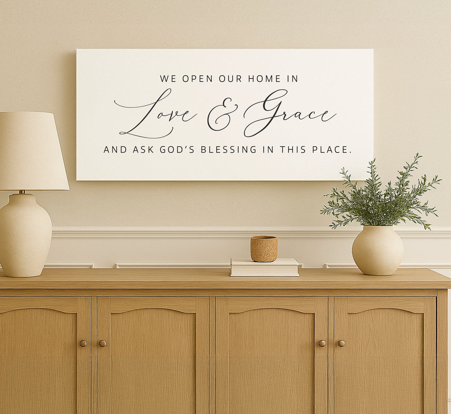 a white sign on a wall above a dresser