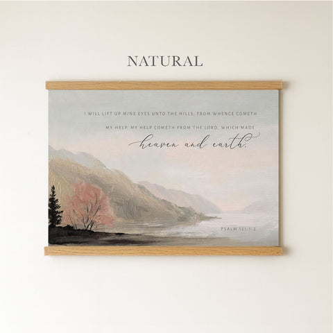 The image is a framed print of a landscape with mountains and trees, featuring a Bible verse from Psalm 112:1-2.