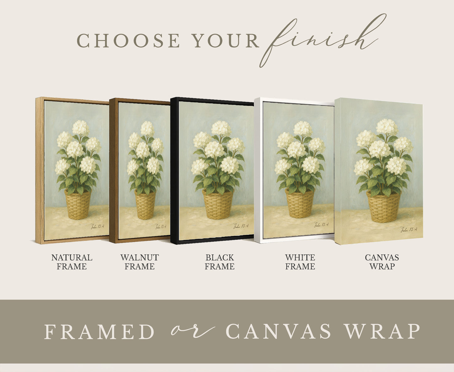 a collection of framed or canvas wraps featuring a painting of a potted plant with white flowers. The framed or canvas wraps are arranged in a row, showcasing the different frame styles and their corresponding artwork.