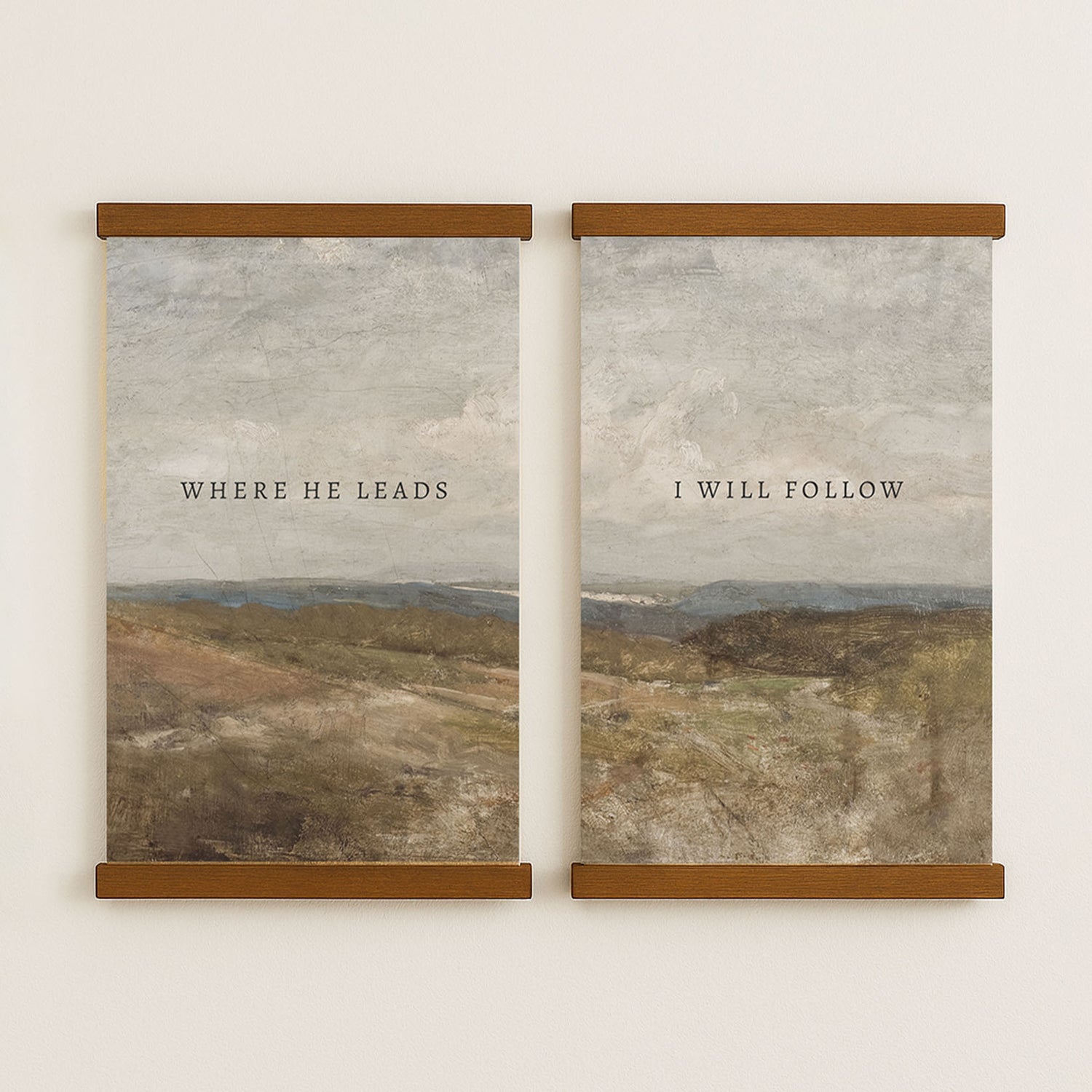 two paintings of a landscape, each with the text "WHERE HE LEADS" and "I WILL FOLLOW" written on them.