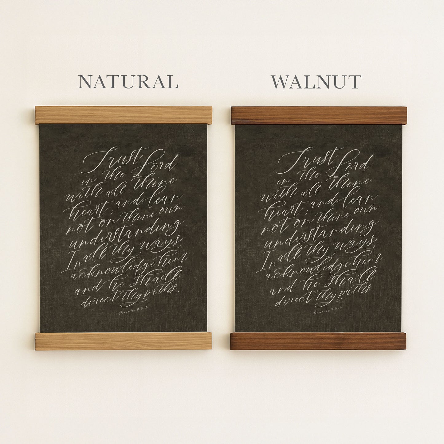 two framed pieces of artwork, each with a black background and white cursive text. The text appears to be a religious or biblical passage, and the artwork is framed in two different wood types, with one being natural and the other being walnut.