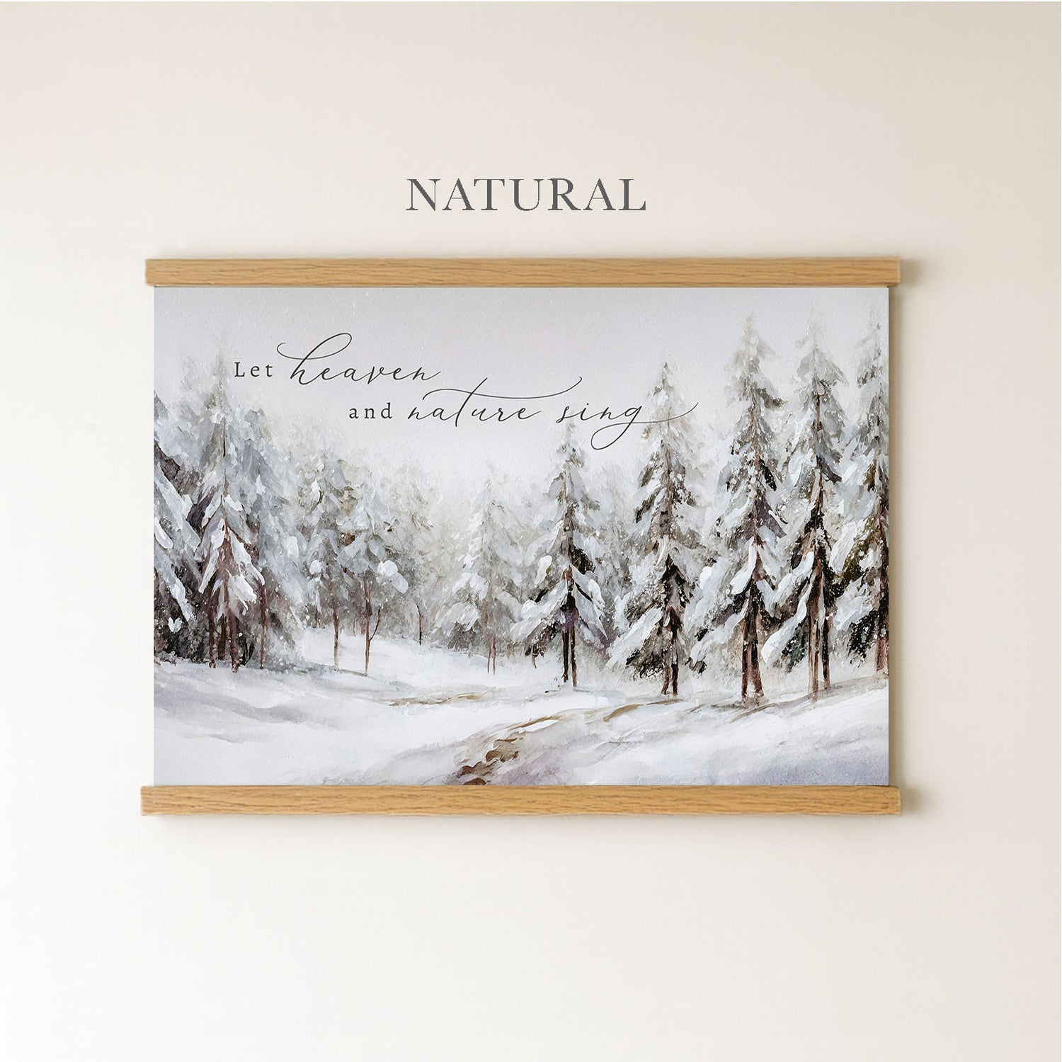 The image is a framed painting depicting a snowy forest scene with pine trees covered in snow.