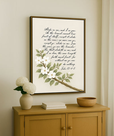 a vase with flowers on a dresser next to a framed poem