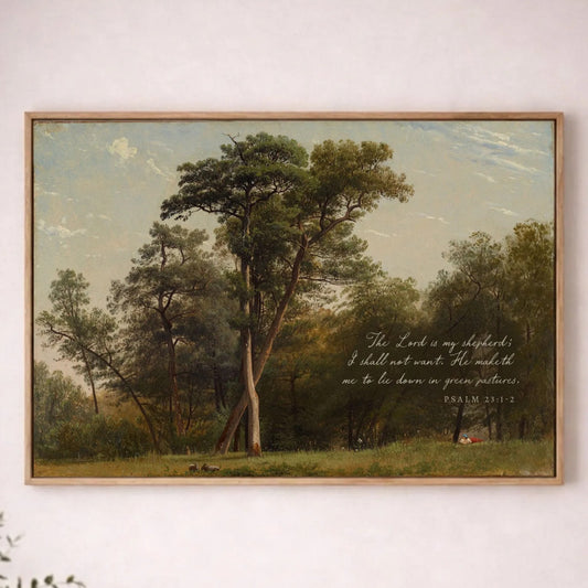 a painting of a serene landscape with a large tree in the foreground and a smaller tree in the background, set against a blue sky with clouds. The painting is hung on a white wall above a wooden table with a plant on it.