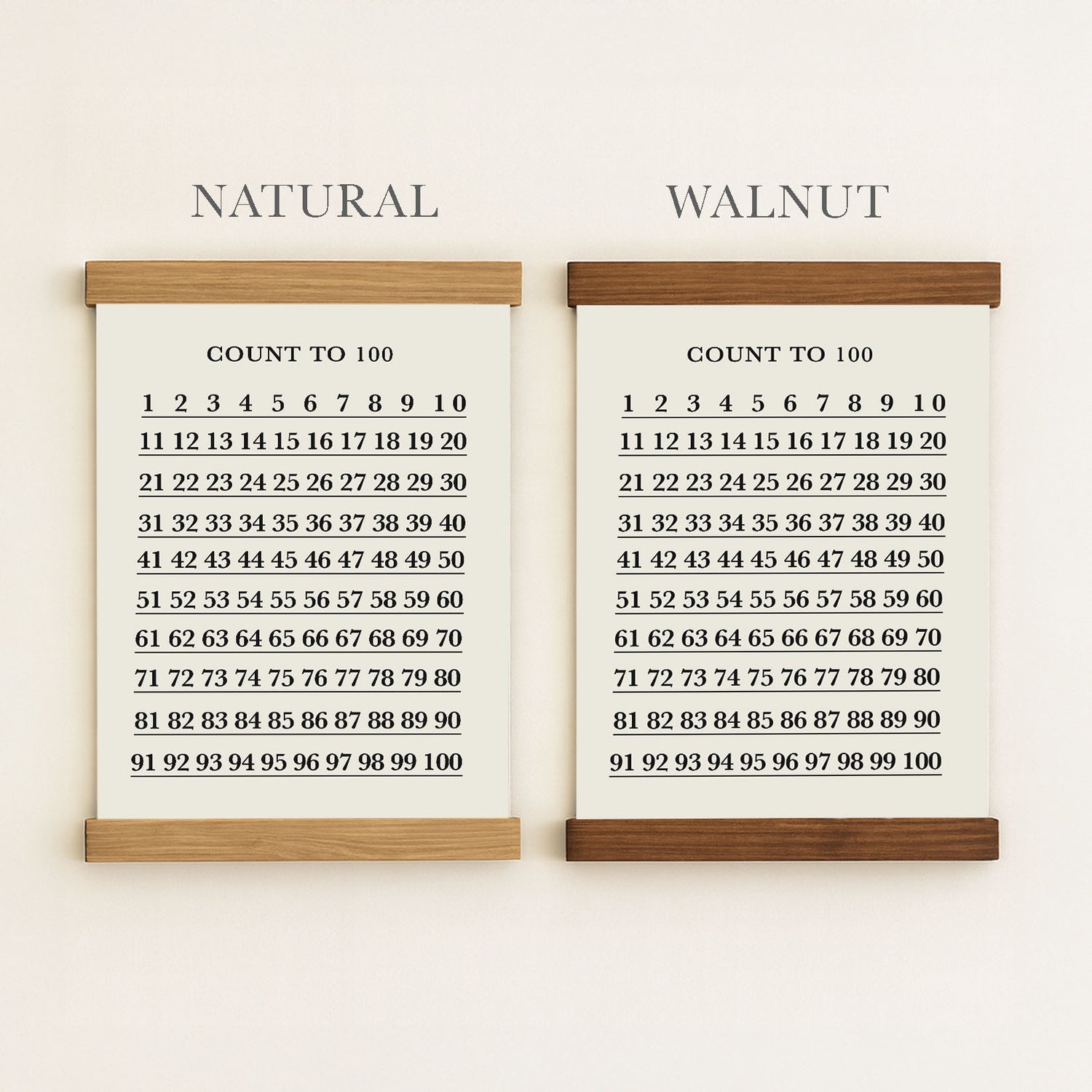 two framed lists of numbers, labeled "NATURAL" and "WALNUT", with each list containing numbers from 1 to 100.