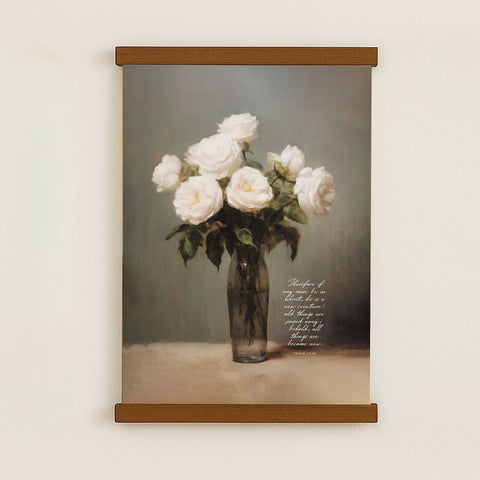 The image is a painting of a vase filled with white roses, displayed on a wall.