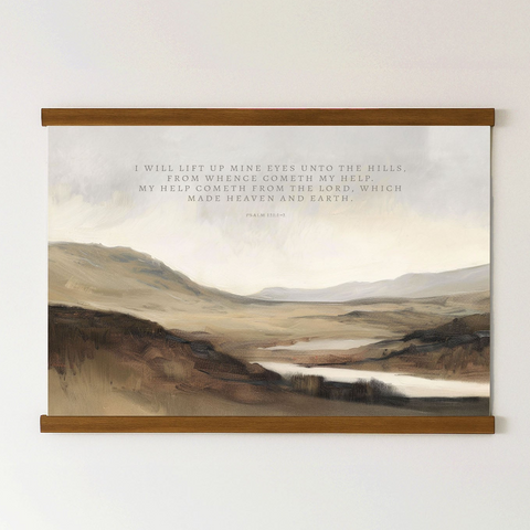 The image is a framed painting depicting a serene landscape with mountains, a river, and a cloudy sky.