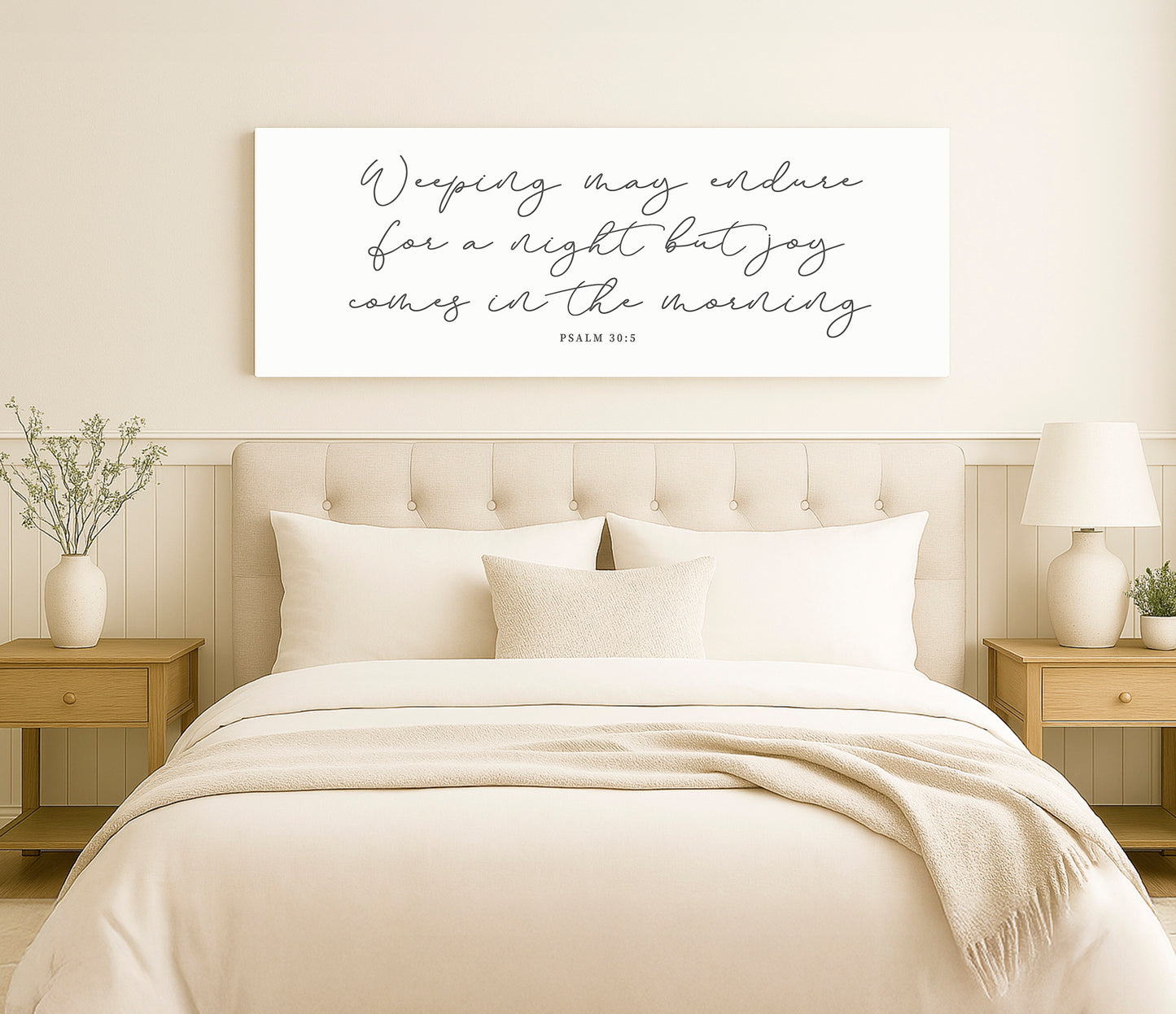 a bed with a white comforter and pillows