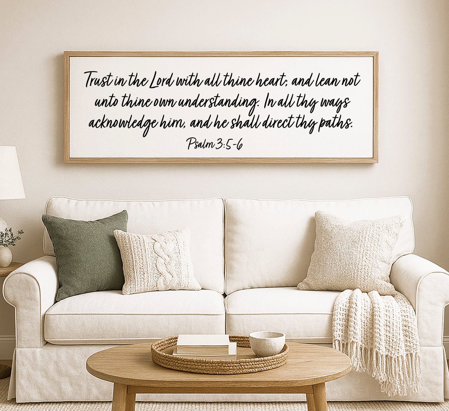 a living room with a white couch and a coffee table