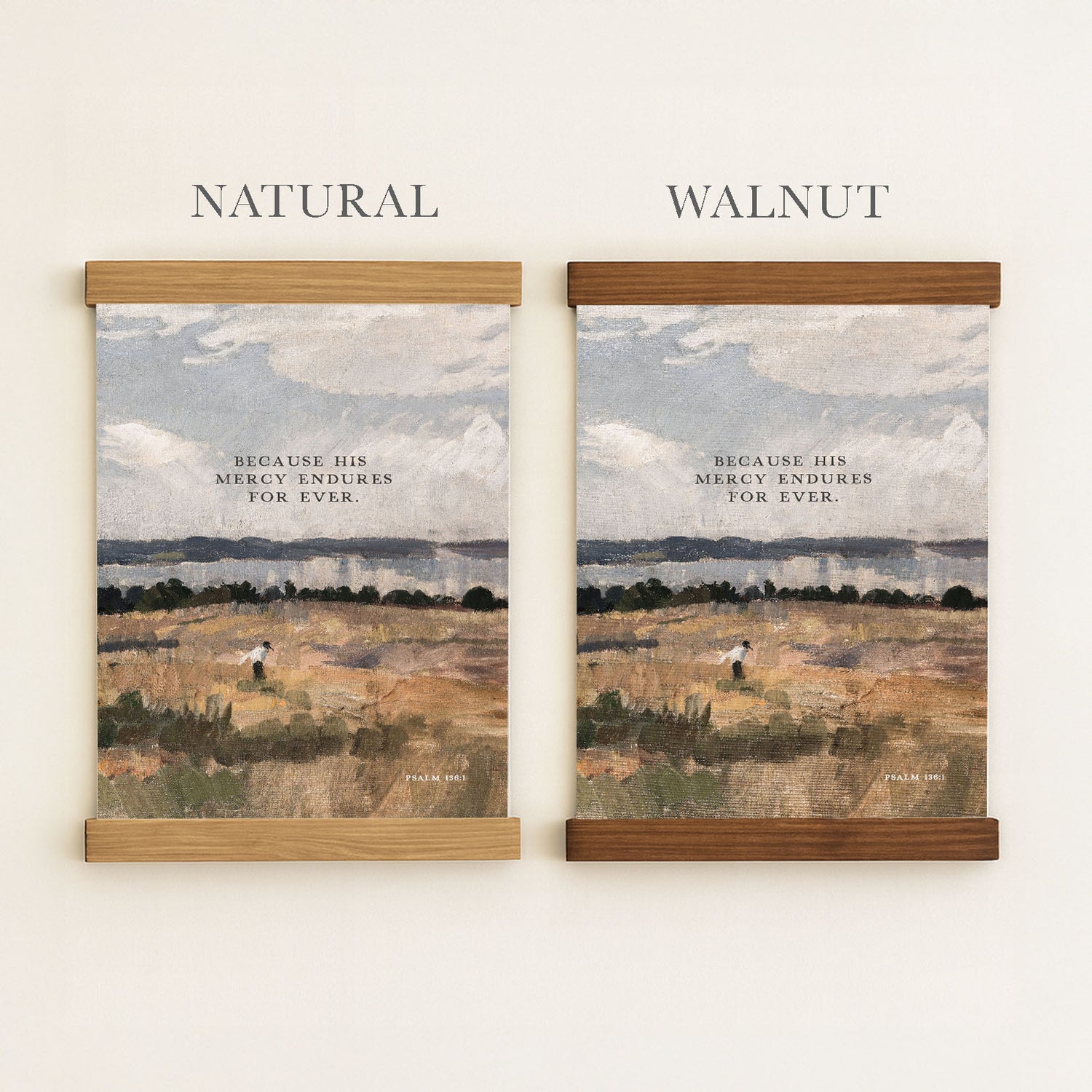 two framed prints of a landscape scene, with the text "Because his Mercy endures for ever" printed on them.