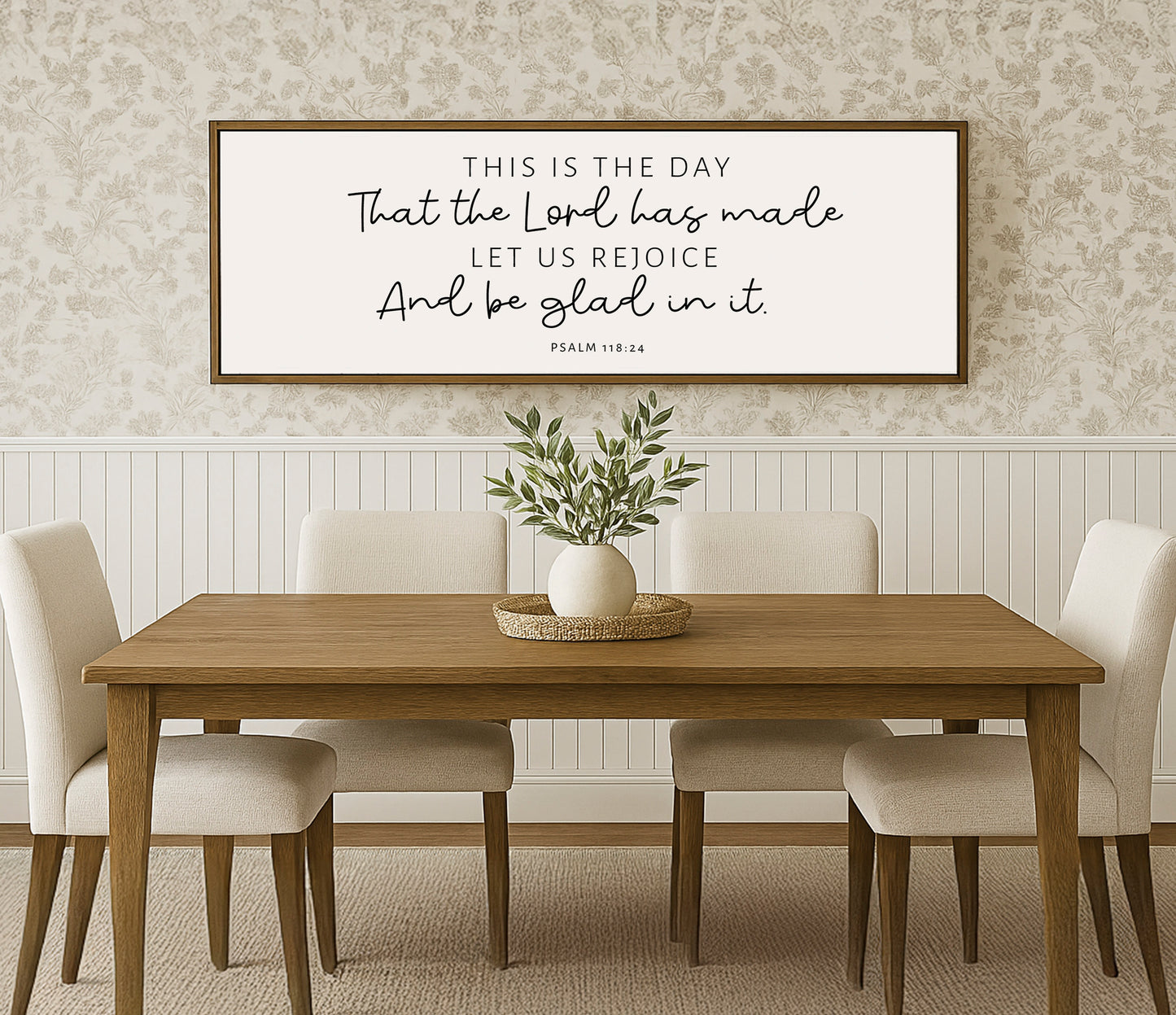 a picture of a dining room with a quote on the wall
