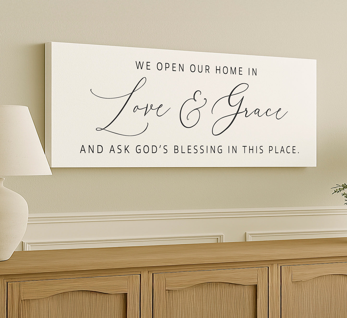 a large white sign on a wall in a living room