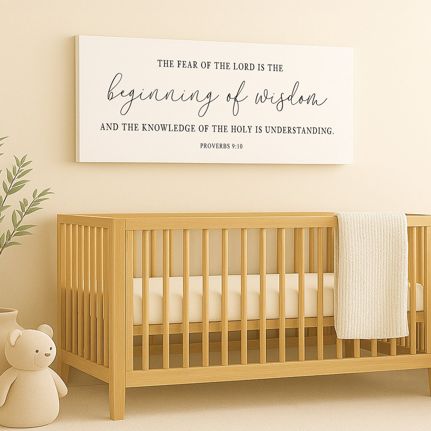 a baby crib with a teddy bear next to it