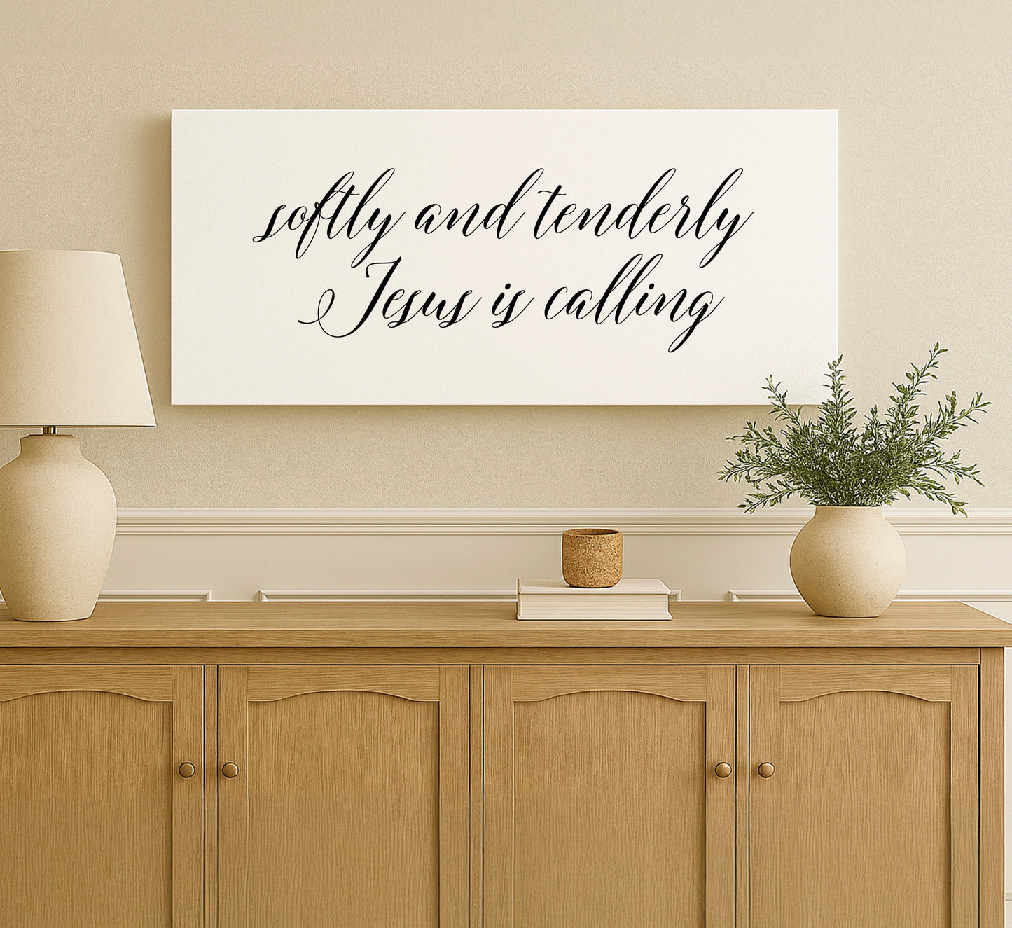 a picture of a sign on a wall above a dresser