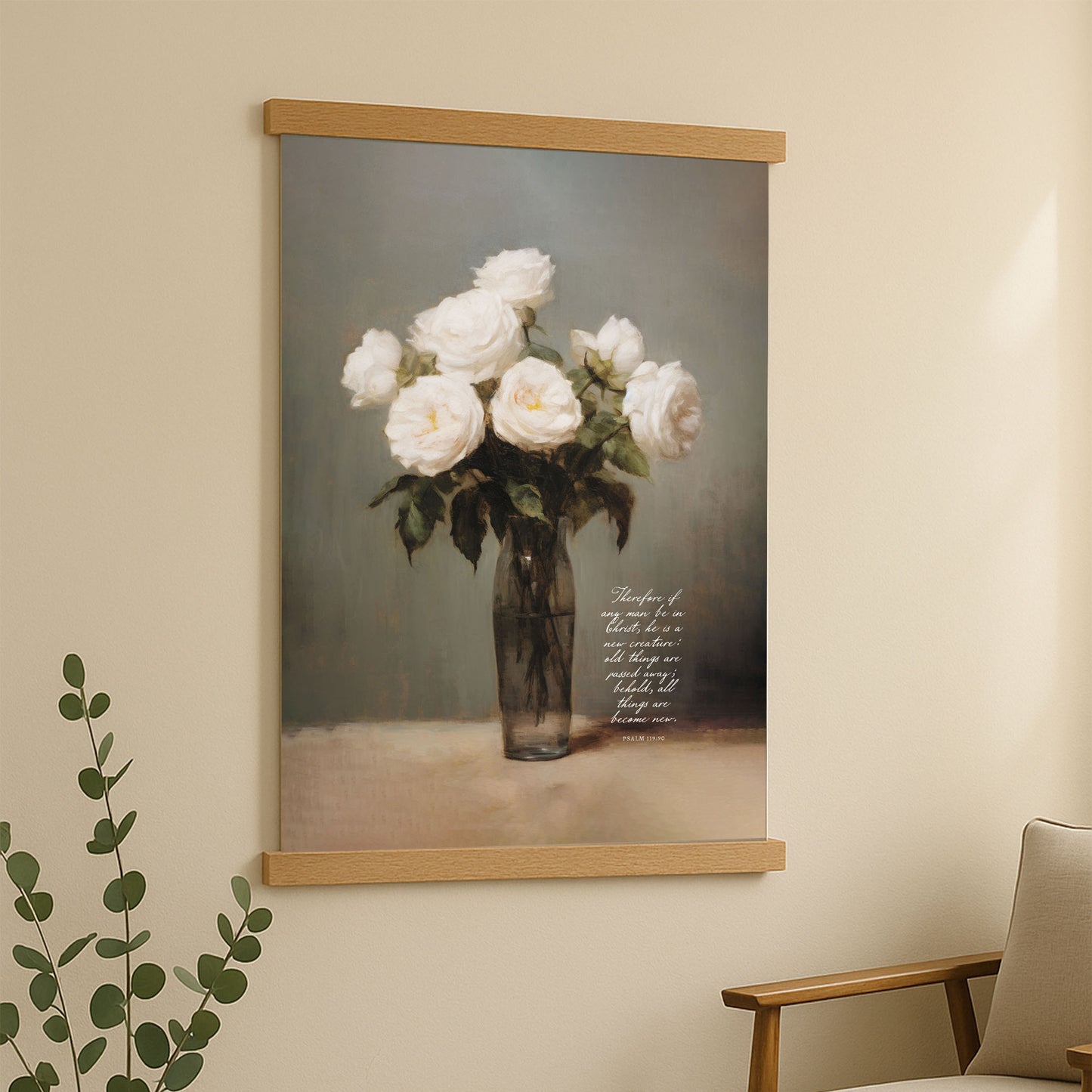 a painting of a vase filled with white roses, hanging on a wall.