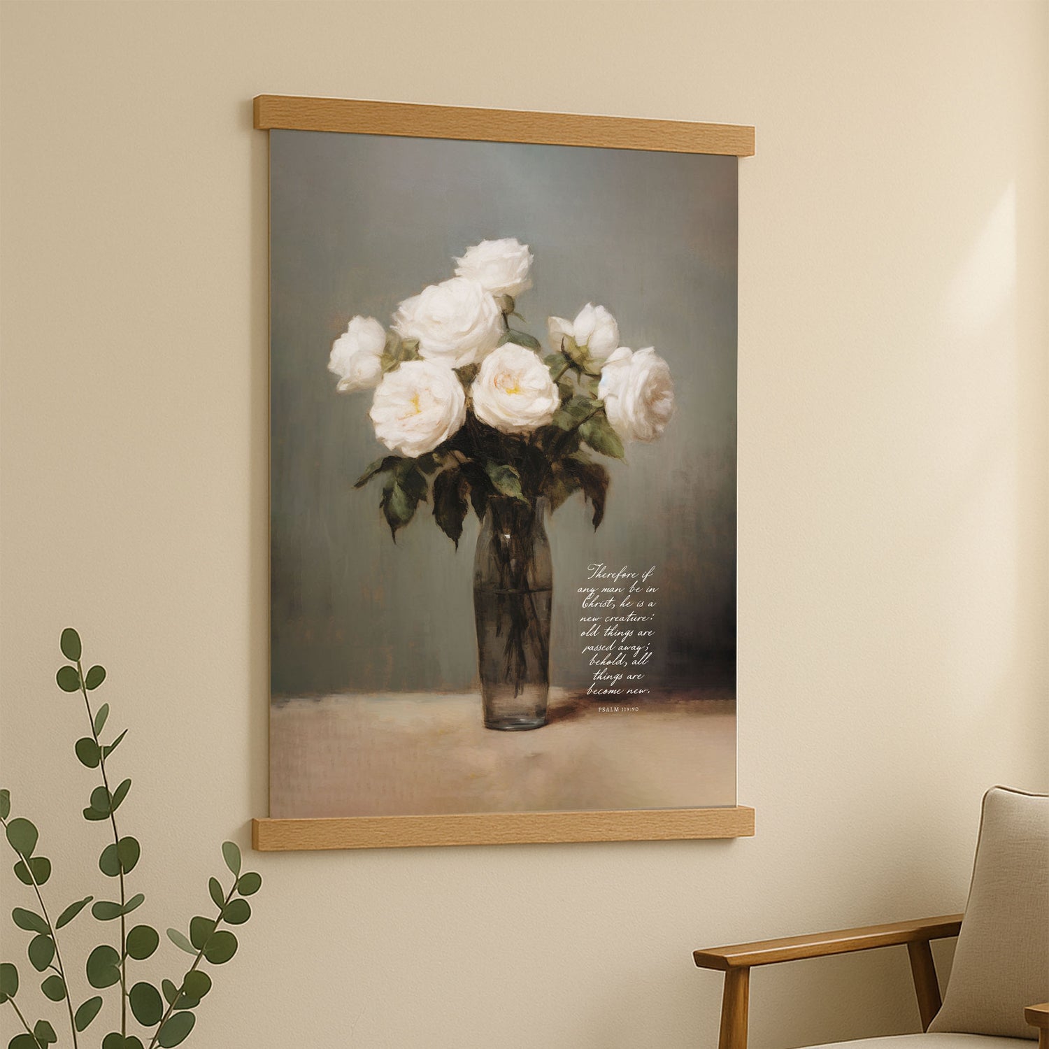 a painting of a vase filled with white roses, hanging on a wall.
