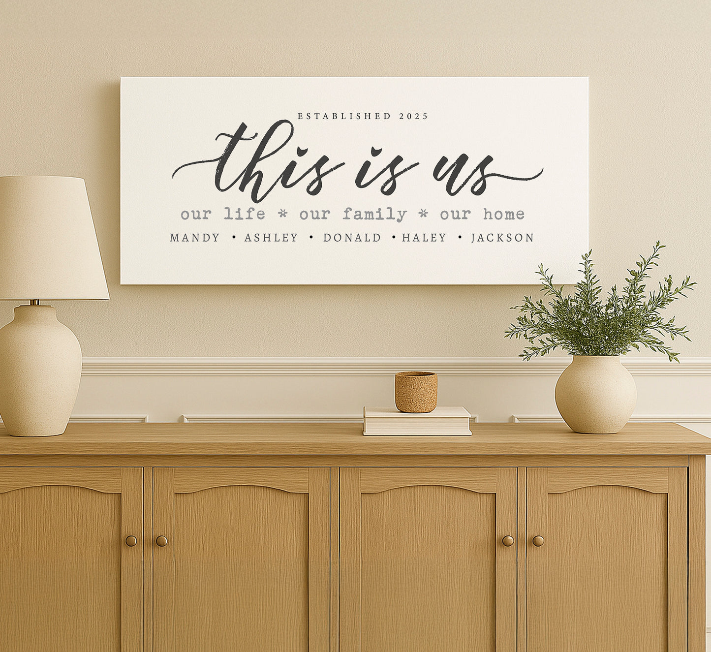 a picture of a wall hanging above a dresser