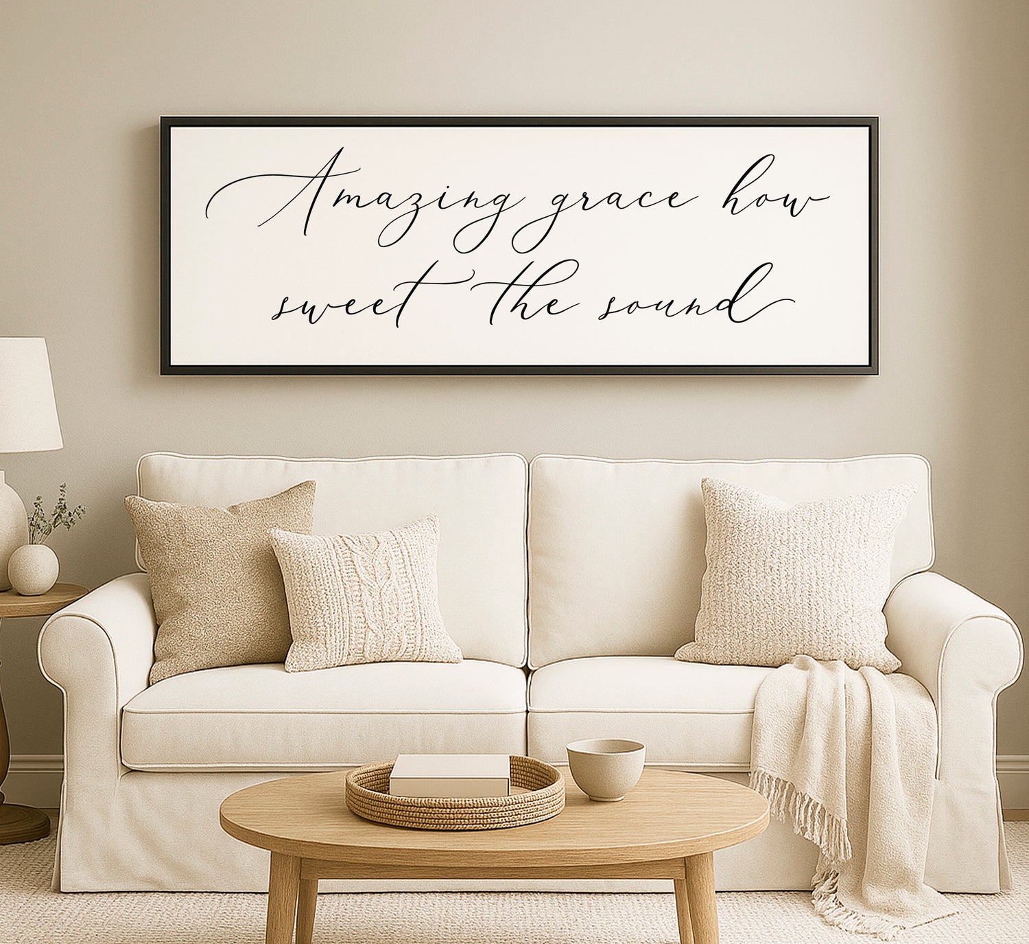 a living room with a white couch and a coffee table