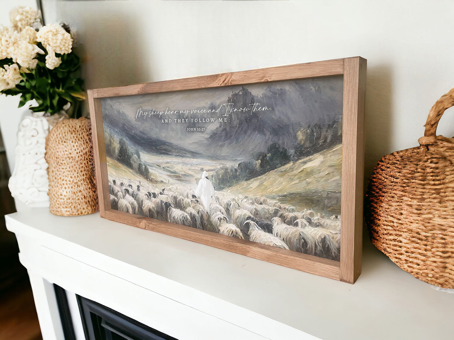 My Sheep Hear My Voice | Oil on Canvas Wall art Print Wood Framed Art | Christian Wall Art | Personalized Sign | John 10:27 | Easter Art