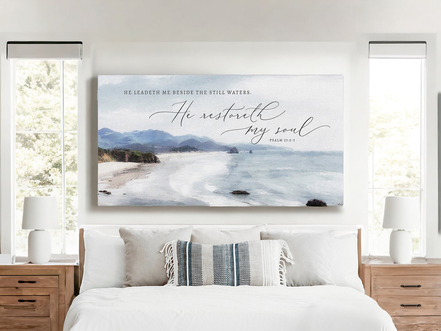 Coastal Christian Wall art above bed.