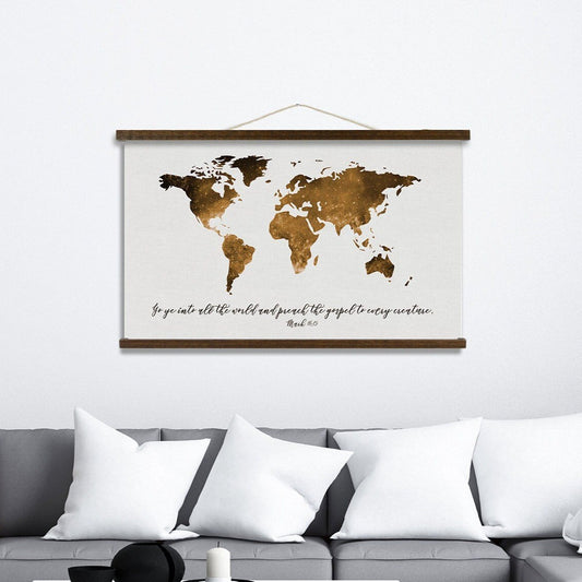 Go Ye Into All The World And Preach The Gospel Rustic Wood Hanging Canvas| Mark 16:15 | World Map Water Color Style World Map | Gospel Map - Forever Written