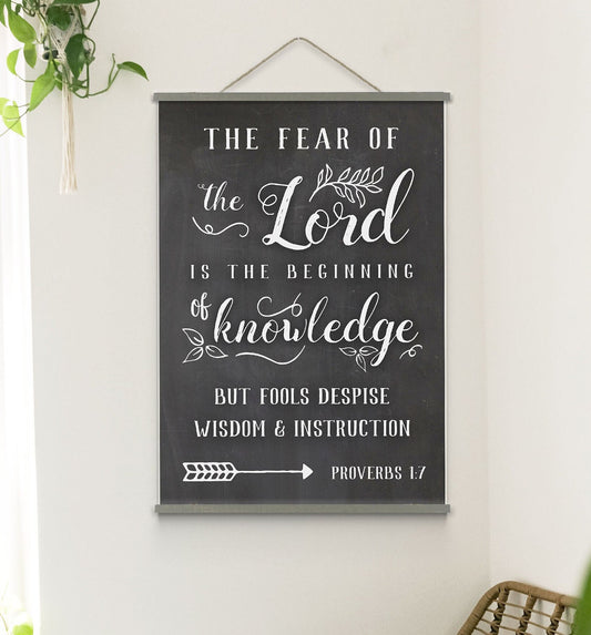 The Fear of the Lord is the Beginning of knowledge | Bible Verse Hanging Canvas | Proverbs 1:7 Scripture Wall Art Wood Hanging Canvas