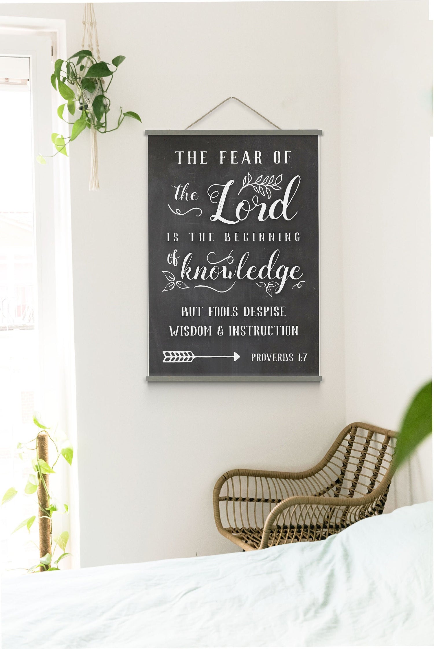 The Fear of the Lord is the Beginning of knowledge | Bible Verse Hanging Canvas | Proverbs 1:7 Scripture Wall Art Wood Hanging Canvas