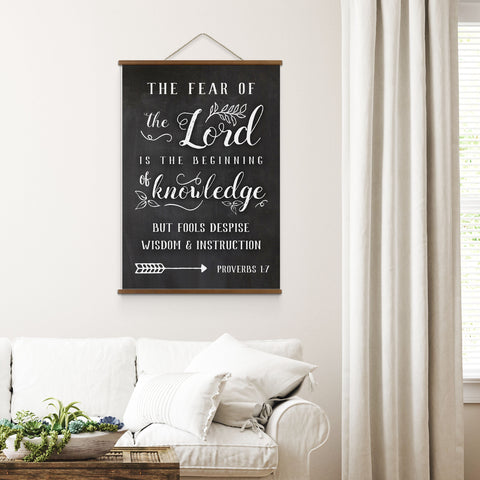 The Fear of the Lord is the Beginning of knowledge | Bible Verse Hanging Canvas | Proverbs 1:7 Scripture Wall Art Wood Hanging Canvas