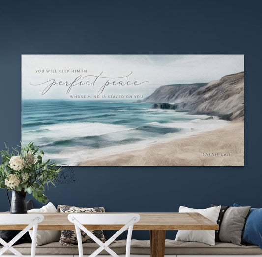 Perfect Peace Coastal Canvas Wall Art, | Christian Wall Art | Coastal Beach Painting | Beach Coastal Wall Art | Isaiah 26:3 Wall Art